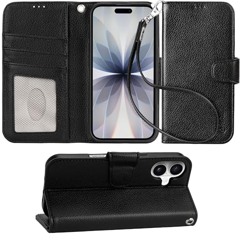 Arae Compatible with iPhone 17 Case Wallet with Card Holder, Wristlet Strap Wallet Flip Cover for iPhone 17 6.1 inch Men/Women, RFID Blocking, Kickstand, Litchi Black - color: Litchi Black, size: iPhone 17 6.1 inch