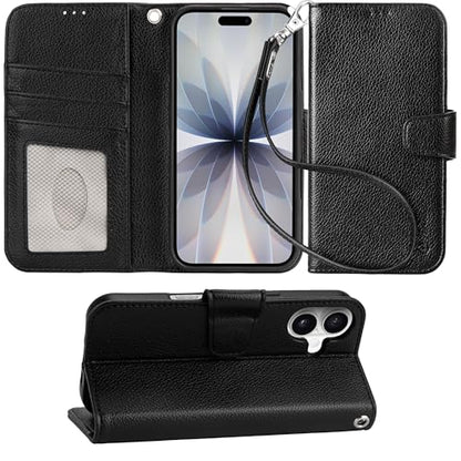 Arae Compatible with iPhone 17 Case Wallet with Card Holder, Wristlet Strap Wallet Flip Cover for iPhone 17 6.1 inch Men/Women, RFID Blocking, Kickstand, Litchi Black - color: Litchi Black, size: iPhone 17 6.1 inch