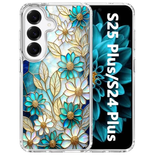 for Samsung Galaxy S24+/S25+ Magnetic Case【Compatible with MagSafe】 Aesthetic Vintage Stained Glass Flower Design, Slim Fit Hard PC Back Shockproof Clear Phone Cover, Blue Glazed Flower - color: Blue Glazed Flower, size: Galaxy S25+/S24+