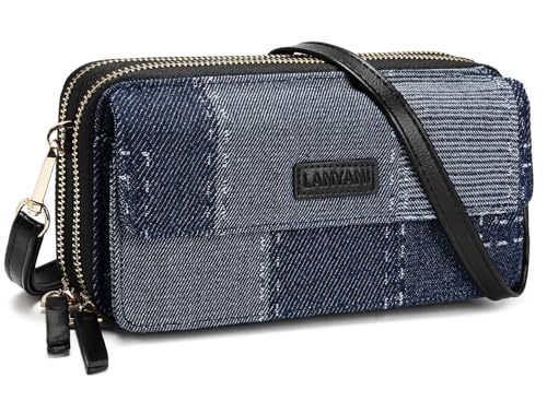 RFID Crossbody Wallet Wristlet Purse with Phone Pocket For Women Vegan Leather - color: Navy Blue -Denim