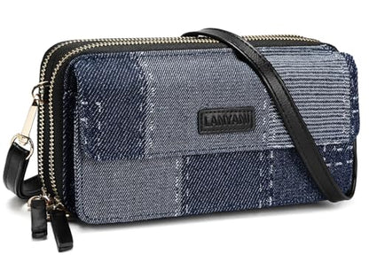 RFID Crossbody Wallet Wristlet Purse with Phone Pocket For Women Vegan Leather - color: Navy Blue -Denim