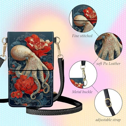 Small Crossbody Bags for Women Touchscreen Cell Phone Bag Cross Body Purses with adjustable Strap,Gifts For Teenage Girls - color: Red Flower & Squid
