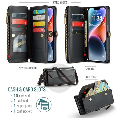 Strapurs Wallet Case Compatible with iPhone 14 Plus RFID Blocking 10-Card Holder Soft PU Leather Magnetic Snap Shoulder Strap Zipper Pocket Phone Case Fit for iPhone 14 Plus 6.7" - Black | RFID Blocking 10-Card Holder, Shoulder Lanyard, Wirst Strap, Zippe