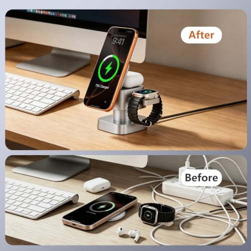 4 in 1 Charging Station for Apple Devices, 3 in 1 Wireless Charger Stand with Night Light for iPhone 17/16/15/14/13/12 Pro Max, Watch AirPods, 15W MagSafe Magnetic Charging for Bedroom Office - color: Titanium‑Gray