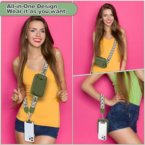 YFWE Clip and Go Strap for Phone with Wallet Crossbody, Adjustable Phone Lanyard with Detachable RFID Wristlet Wallet, Pattern Strap - Olive Green(M) - color: Olive Green, size: Medium