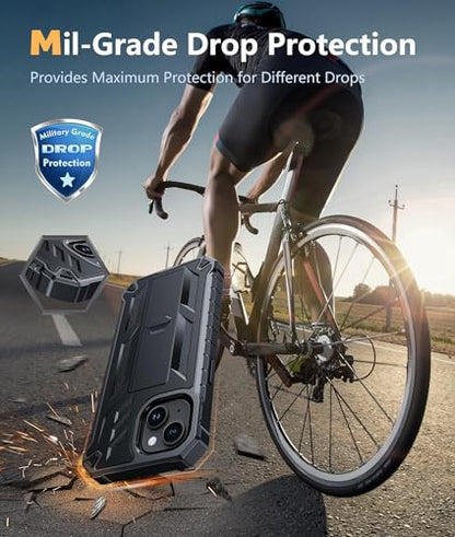 FNTCASE for iPhone 15/14/13 Case, Built-in Screen Protector, Kickstand | 20FT Military-Grade Drop Protection, Anti-Slip Matte Textured, Rugged Heavy Duty Shockproof Protective Phone Cover, Black - color: Black