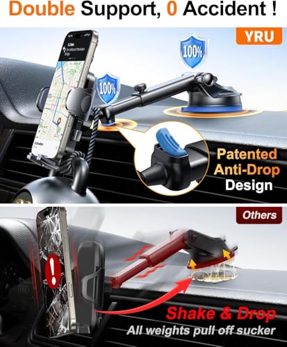 YRU True Military-Grade [360° Rotation Suction] 2026 Ultimate Car Phone Holder Mount 【90+LBS Safest Strongest & Patent Certs】 Dashboard Windshield Vent for iPhone 18 Pro Max Samsung Webcam, Blue Black - color: Dark Black
