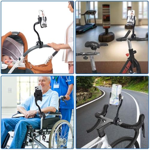 Phone Holder Spin Bike Mount, Goosencek Handlebar Clamp Holder Fit Peloton, Treadmill, Wheelchair, Indoor Exercise Bicycle, Mic Stand, Scooter, Stroller - Fit iPhone 15 Pro 14 13 & All 4-7" Cell Phone