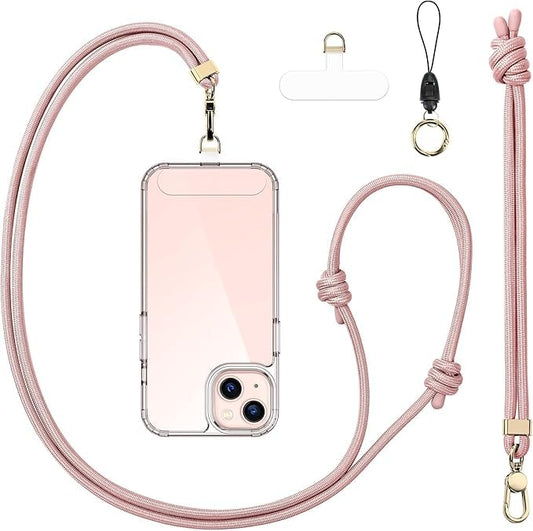 Anti-Theft Phone Lanyard Crossbody & Wrist Strap Keychain with 2 Phone Tabs - color: Pink