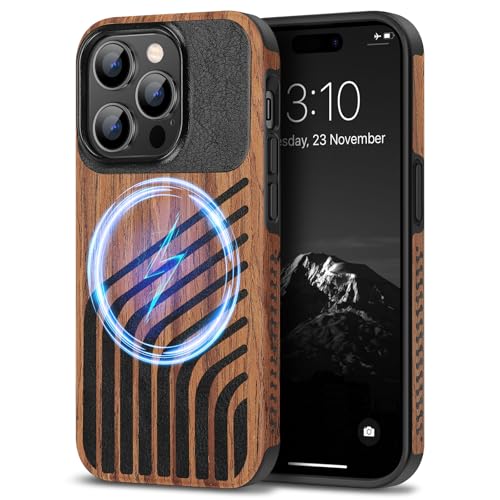 TENDLIN Magnetic Case Compatible with iPhone 14 Pro Case Wood Grain with Carbon Fiber Texture Design Leather Hybrid Slim Cover (Compatible with MagSafe) Hairline - color: Magnetic Hairline, size: iPhone 14 Pro