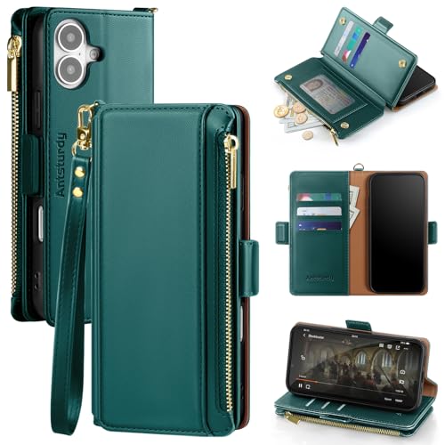 Antsturdy Compatible with iPhone 17 Wallet Case Women,Indigo Blue | Shockproof RFID Blocking PU Leather Flip Cover Kickstand Zipper Card Holder Slots with Wrist Strap - color: Indigo Blue