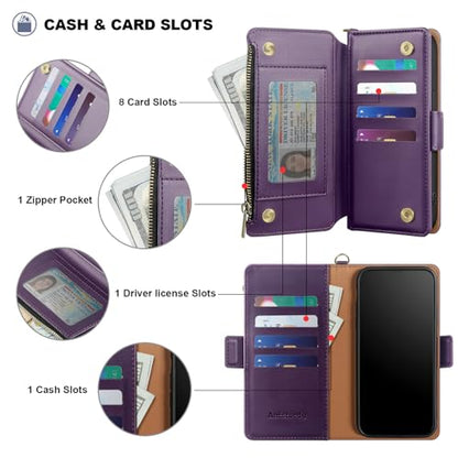 Antsturdy for iPhone 17 Pro Max Phone Wallet Case Women,Purple | RFID Blocking,with Credit Card Holder Slots,PU Leather Purse,Zipper Pocket,Wrist Strap Kickstand,Flip Folio Cover for Men - color: Purple