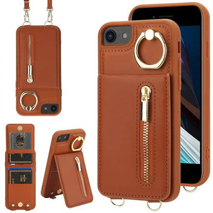 Crossbody Wallet Case for iPhone 7/8/SE 2020/SE 2022, with Card Slots Zipper Pocket Case, Flip Folio Purse RFID Blocking with Ring Kickstand Detachable Strap-Brown - color: Brown, size: iPhone 7/8/SE 2020/SE 2022 (4.7")