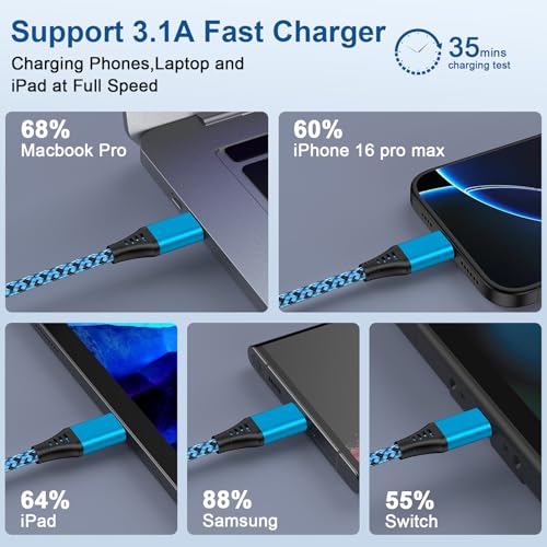 Samsung S25 Edge Fast Charging Cord USB C Braided Charger Cable 3.1A 10FT - color: Blue