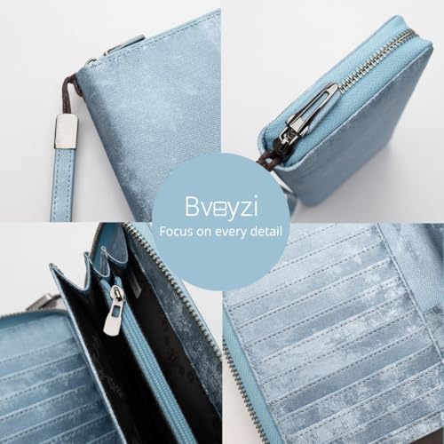 Bveyzi Women RFID Blocking Wallet Leather Zip Around Phone Clutch Large Capacity Ladies Travel Purse Wristlet - color: Ice Blue