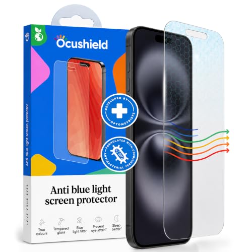 Ocushield Anti Blue Light Tempered Glass Screen Protector of iPhone 16 Plus (6.7")– Blocks Blue Light, Prevents Eye Strain & Helps You Sleep Better, 9H Hardness & Case Friendly - size: iPhone 16 Plus (6.7")