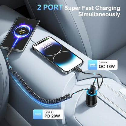 Car Charger USB C,38W Fast Car Adapter Bulit in 3.5FT USB C Coiled Cable - size: 1-Pack