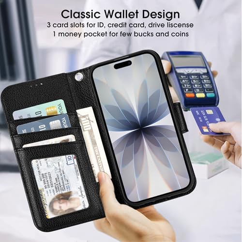 Arae Compatible with iPhone 17 Case Wallet with Card Holder, Wristlet Strap Wallet Flip Cover for iPhone 17 6.1 inch Men/Women, RFID Blocking, Kickstand, Litchi Black - color: Litchi Black, size: iPhone 17 6.1 inch