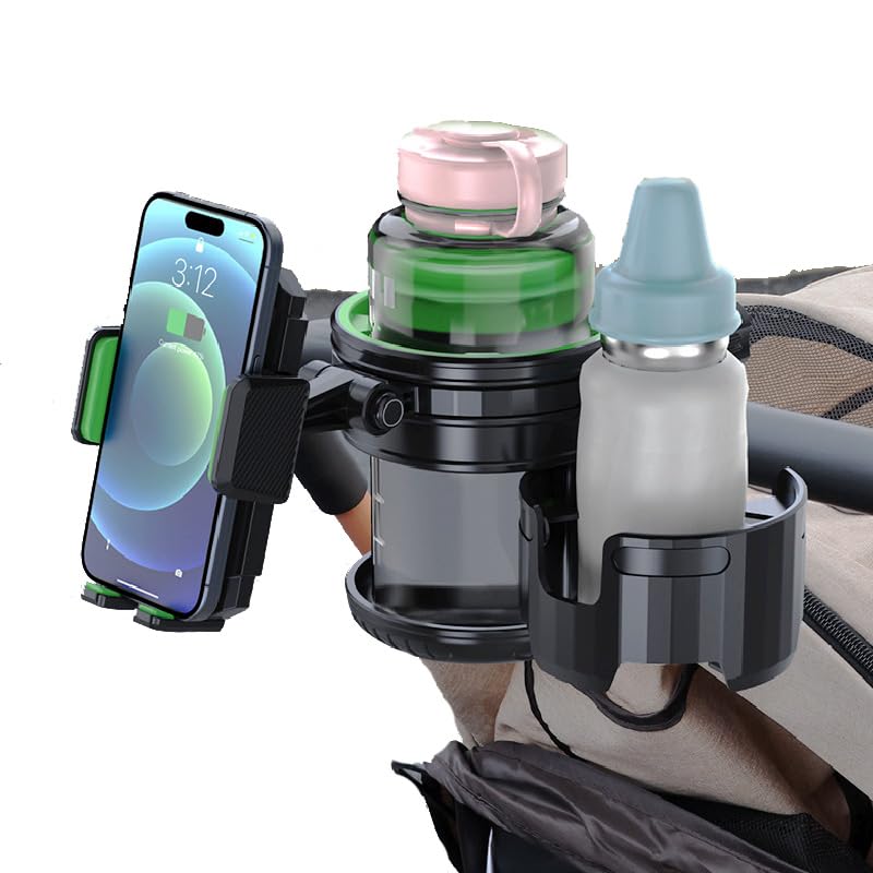 3-in-1 Stroller Cup Phone Holder Attachment, Cup Holder with Phone Mount for Walker, Wheelchair, Stroller, Universal Double Cup Holder Fits Most Donna, Uppababy, Bugaboo, Anti-Slip & Easy Install