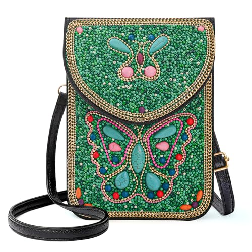 Small Beaded Crossbody Bag for Women, Boho Cell Phone Shoulder Purse Wallet with Handcrafted Colorful Beads - color: Butterfly