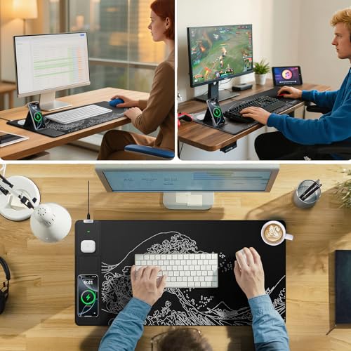 Wireless Charging Mouse Pad with Phone Holder, 31.5"x15.8" in, Black Wave - color: Black Wave-Phone Holder-31.5"x15.8"