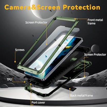 Simicoo for Samsung Galaxy S25 FE Metal Military Heavy Duty Case, Metallic Bumper Shockproof Dustproof Rugged Tough with Stand Screen Protector Camera Control Full Body Drop Protective Cover (Green) - color: Camouflage