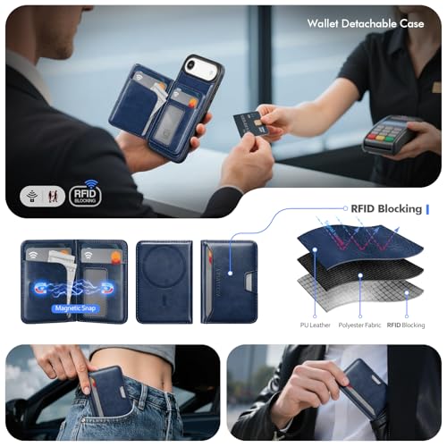 Antsturdy Compatible with MagSafe iPhone 17 Air Wallet Case,Blue | 2 in 1 Detachable Magnetic,Credit Card Holder Slots,RFID Blocking,PU Leather,Kickstand,Flip Folio Phone Cover for Men & Women - color: Blue, size: iPhone 17 Air - 6.5"