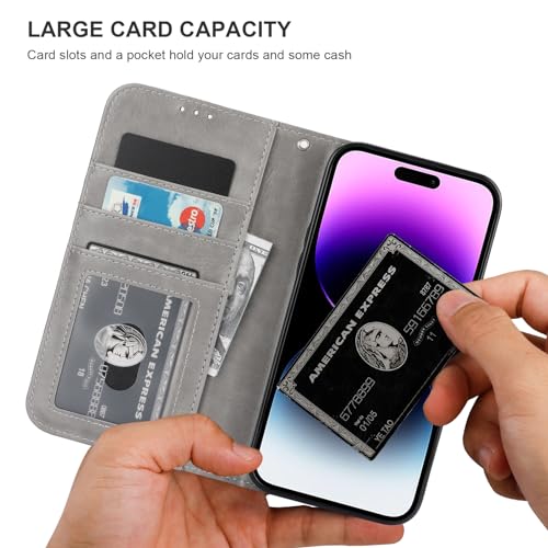 Bocasal Detachable Wallet Case Card Holder for iPhone 14 Pro Max Grey | RFID Blocking Kickstand Card Slots Holder PU Leather Magnetic Shockproof Wrist Strap Removable Flip Protective Cover 6.7 inch - color: Gray