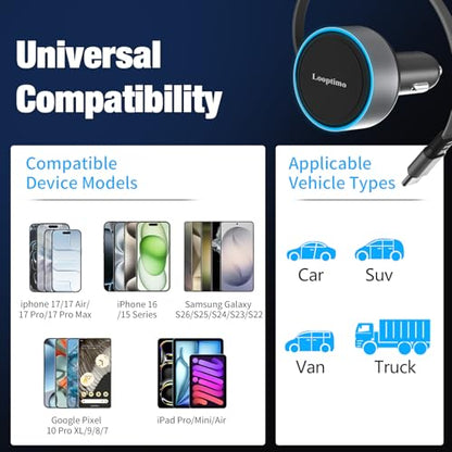 90W USB C Retractable Car Charger Built-in Type-C Cable for iPhone Android