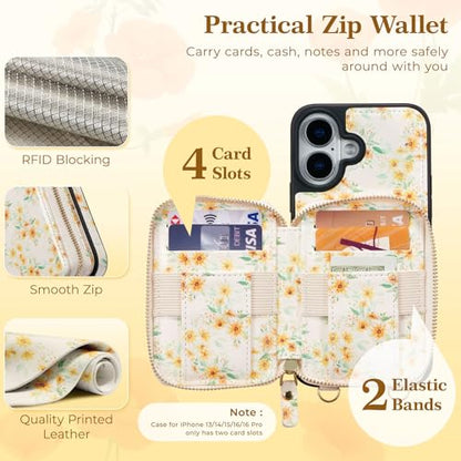 ZCDAYE Zipper Crossbody Wallet Case for iPhone 16 Plus, Sunflower | Flip Folio PU Leather, Practical Card Holder, Adjustable Lanyard Strap, RFID Blocking, Warm Sunflower Girly Phone Case - color: Sunflower, size: iPhone 16 Plus