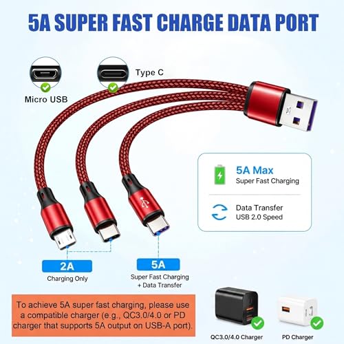 Multi Charging Cable, 3 in 1 USB Charging Cable for Multiple Devices, Red Braided Short 0.65FT USB A to 2 USB C + 1 Micro USB Splitter, 5A Fast Charge Compatible with Phone Tablets and More
