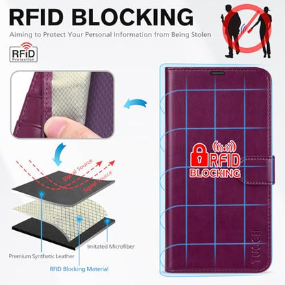TUCCH Wallet Case for iPhone 13 (6.1") 2021, 3 Card Holders, Plum Purple | RFID Blocking, Viewing Stand, Shockproof TPU Shell, PU Leather, Magnetic Closure, Protective Folio Flip Cover - color: Plum Purple