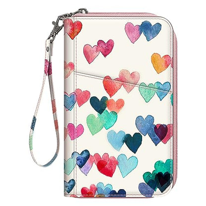 FINTIE Family Passport Holder Wallet Travel Document Organizer Clutch Bag | RFID Blocking Credit Cards Case Cover for Women Men - color: Raining Hearts