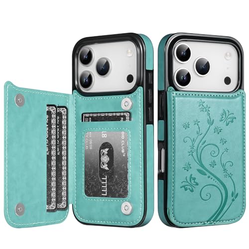 Korecase iPhone 17 Pro Wallet Case Mint Green | Card Slot, RFID Block, Shockproof, Anti-Slip, Aesthetic Embossing Butterfly - color: Mint Green, size: iPhone 17 Pro 6.3"