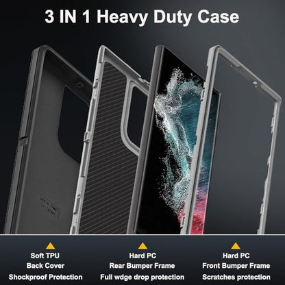 for Samsung Galaxy S22 Ultra Case with 2Pcs Self Healing Flexible TPU Screen Protector & Camera Lens Protector, 3 in 1 Heavy Duty Shockproof/Drop Proof/Dust Proof Case (Black/Grey) - color: Black/Grey