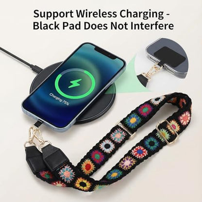 Phone Lanyard Crossbody with Zipper Pouch, Adjustable Phone Strap with Detachable Wallet/Wrist, Holds Multiple Cards & Cash, Clip and Go Strap Women/Teacher Gift for All Phone, Embroidered - color: Black Embroidery