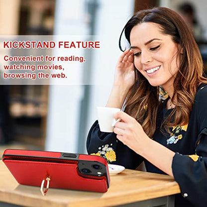 Folosu Compatible with iPhone 14 Case Wallet with Card Holder, 360°Rotation Finger Ring Holder Kickstand, RFID Blocking Leather Protective Double Buttons Shockproof Cover 6.1 Inch Red - color: Red, size: iPhone 14