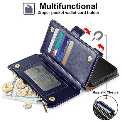 Antsturdy for iPhone 14 Plus Phone Wallet Case Women,Dark Blue | RFID Blocking,with Credit Card Holder Slots,PU Leather Purse,Zipper Pocket,Wrist Strap Kickstand,Flip Folio Cover for Men - color: A-Dark Blue