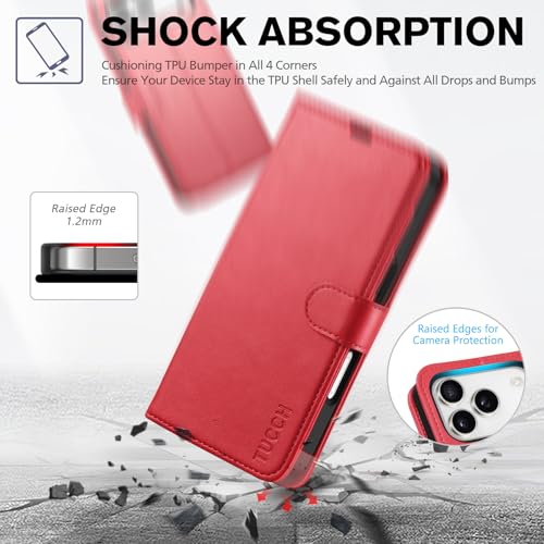TUCCH Wallet Case for iPhone 17 Pro (6.3") 2025, 4 Card Slots, Red | RFID Blocking, Viewing Stand, Shockproof TPU Shell, PU Leather, Magnetic Closure, Protective Folio Flip Cover - color: Red