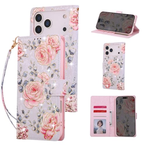 UEEBAI Wallet Case for iPhone 17 Pro, PU Leather Phone Cover Kickstand RFID Blocking Flip Case Card Slots Wrist Strap Relief Engraved Pattern Magnetic Closure Flower Folio Wallet, Purple Rose - color: Purple Rose, size: iPhone 17 Pro