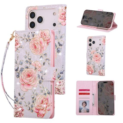 UEEBAI Wallet Case for iPhone 17 Pro, PU Leather Phone Cover Kickstand RFID Blocking Flip Case Card Slots Wrist Strap Relief Engraved Pattern Magnetic Closure Flower Folio Wallet, Purple Rose - color: Purple Rose, size: iPhone 17 Pro