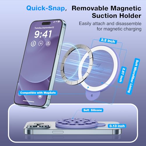 Magnetic Suction Cup Phone Mount, Compatible with MagSafe, Silicone Octo Cup Buddy Sticky Grip Holder for iPhone and Android, Removable Hands-Free Phone Stand Selfie/Video for TikTok, Lavender - color: Lavender