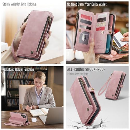 Defencase for Samsung Galaxy S26 Ultra Wallet Case with Card Holder, Pink | with RFID Blocking Zipper Pocket, Durable PU Leather, Wrist Strap, S26 Ultra Flip Phone Cases Cover with Stand for Women Men - color: Rose Pink