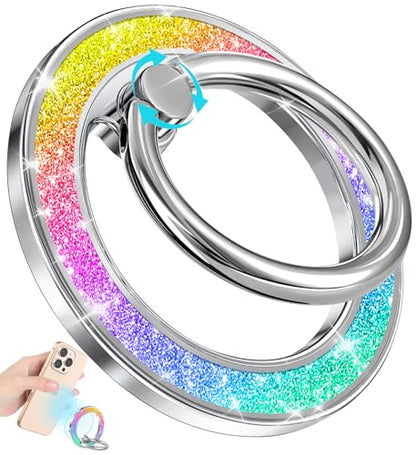 Phone Ring Holder Compatible with MagSafe - Magnetic Cell Phone Grip for Women Cute Magnet Removable Finger Ring Grip Stand Glitter Sparkle for iPhone 17 16 15 14 13 Pro Max Plus, Rainbow - color: Colorful