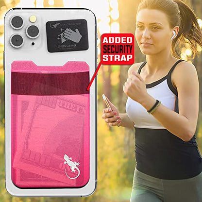 Phone Wallet - Adhesive Card Holder - Cell Phone Pouch - Stick on Lycra Pocket by Gecko - Carry Credit Cards and Cash - color: TWIN - PINK WHITE