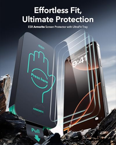 ESR 3 Pack for iPhone 16 Pro Screen Protector, Armorite | 7X Impact Absorption, 9H+ Tempered Glass, Easy One-Pull Installation, Full-Coverage Protection, UltraFit Tray, Bubble-Free - size: iPhone 16 Pro 6.3 inch