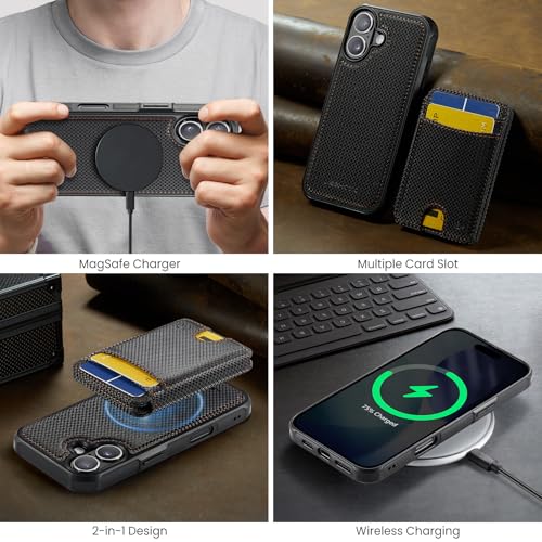 WJX for iPhone 16 MagSafe Wallet Case, 2-in-1 Detachable Luxury Card Holder, Universal MagSafe Compatible, RFID Blocking, Shockproof Kickstand Slim Cover， Carbon Fiber - color: Carbon Fiber, size: iPone 16