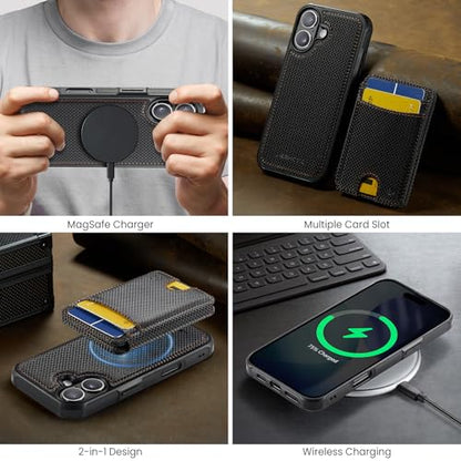 WJX for iPhone 16 MagSafe Wallet Case, 2-in-1 Detachable Luxury Card Holder, Universal MagSafe Compatible, RFID Blocking, Shockproof Kickstand Slim Cover， Carbon Fiber - color: Carbon Fiber, size: iPone 16