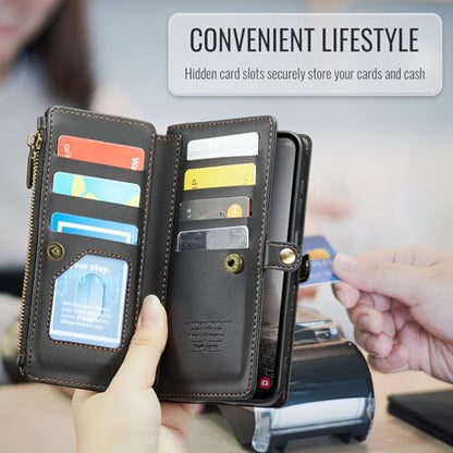 Asuwish Phone Case for Samsung Galaxy A17 5G Zipper Wallet Cover with Tempered Glass Screen Protector and Leather Flip RFID Blocking Credit Card Holder Cell Accessories A 17 17A 4G Women Girls Black - color: Black