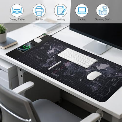 VOVIPO Wireless Charging Mouse Pad 15W, Waterproof Gaming Mousepad with Ultra-Smooth Surface, Non-Slip Base, XXL Large Desk Mat 90 x 40cm,Black World Map Computer Desk Pad for MacBook, PC, Laptop - color: World Map